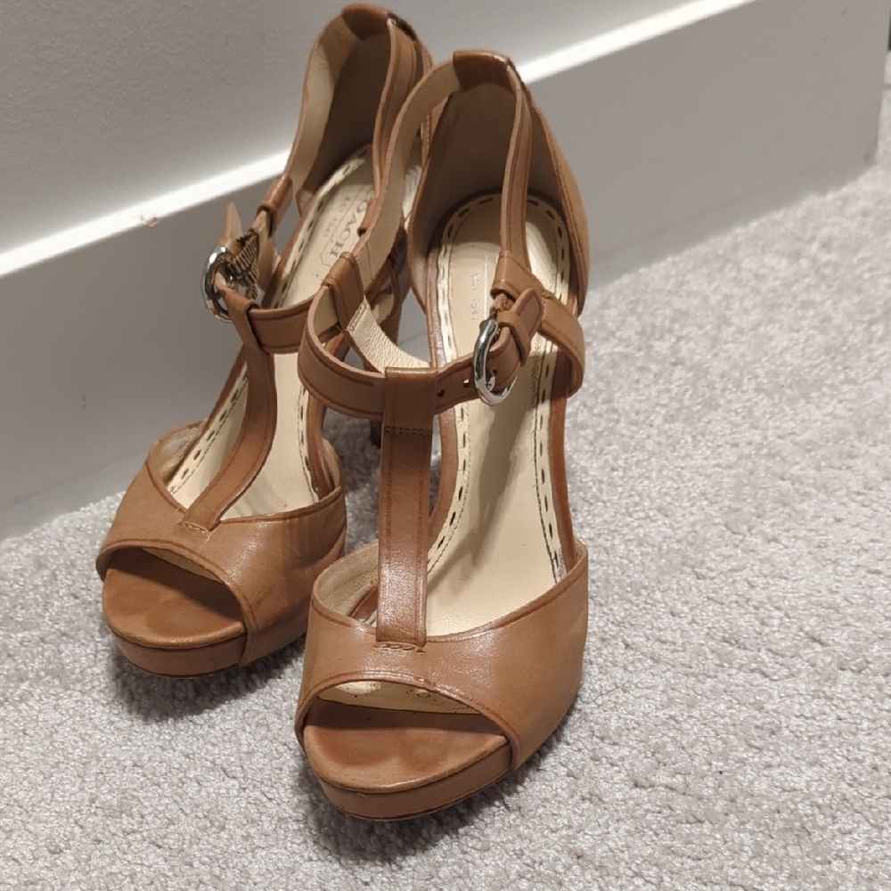 Coach Tan T-strap Heels